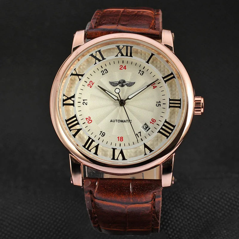Relogio Relojes 2025 New Fashion Rose Gold Watches Day Date Automatic Self Wind Leather Strap Men'S Watches Mechanical Watches