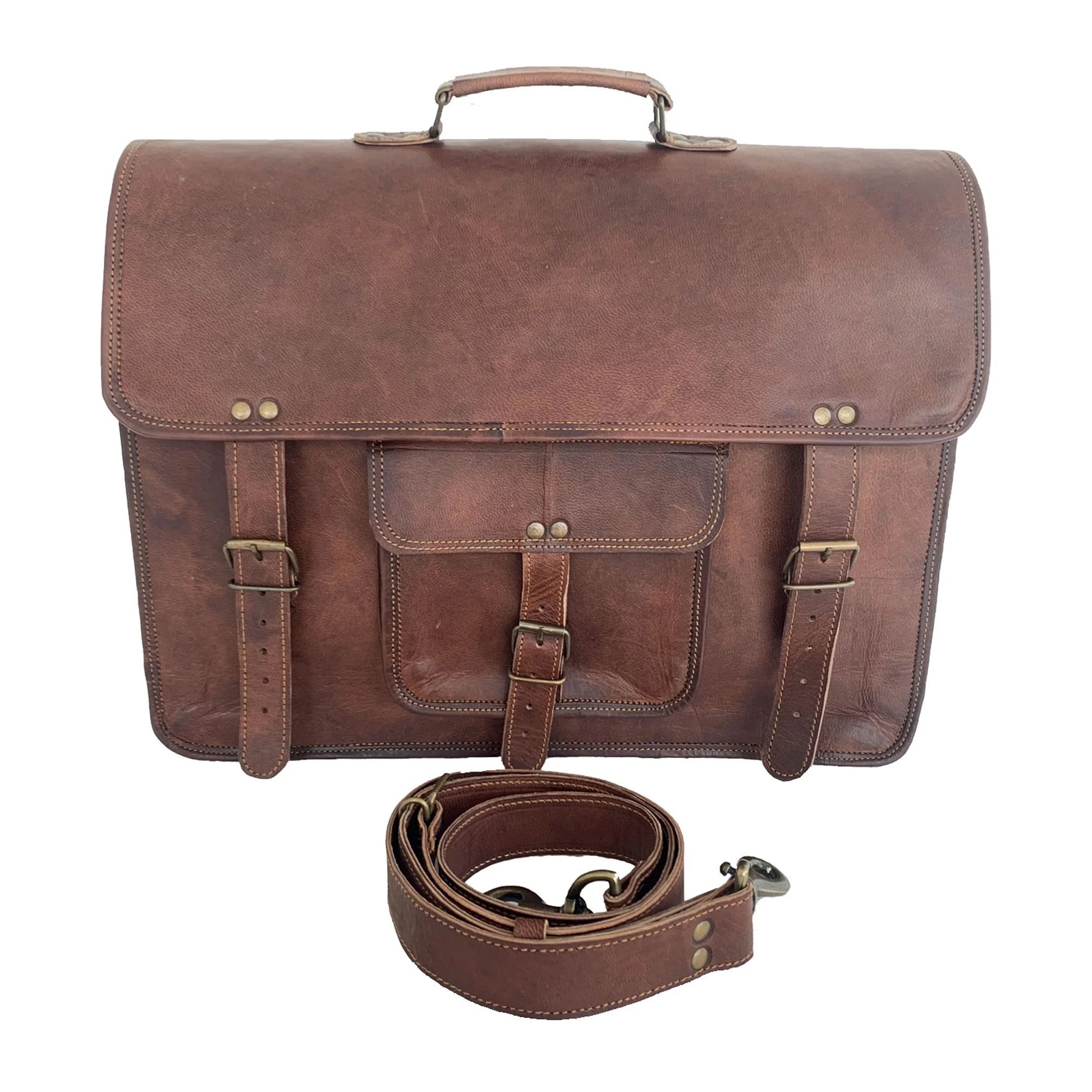 18-Inch Full Grain Leather Laptop Messenger Bag – Office Briefcase Satchel for Men and Women with Adjustable Strap and Lockable Compartments