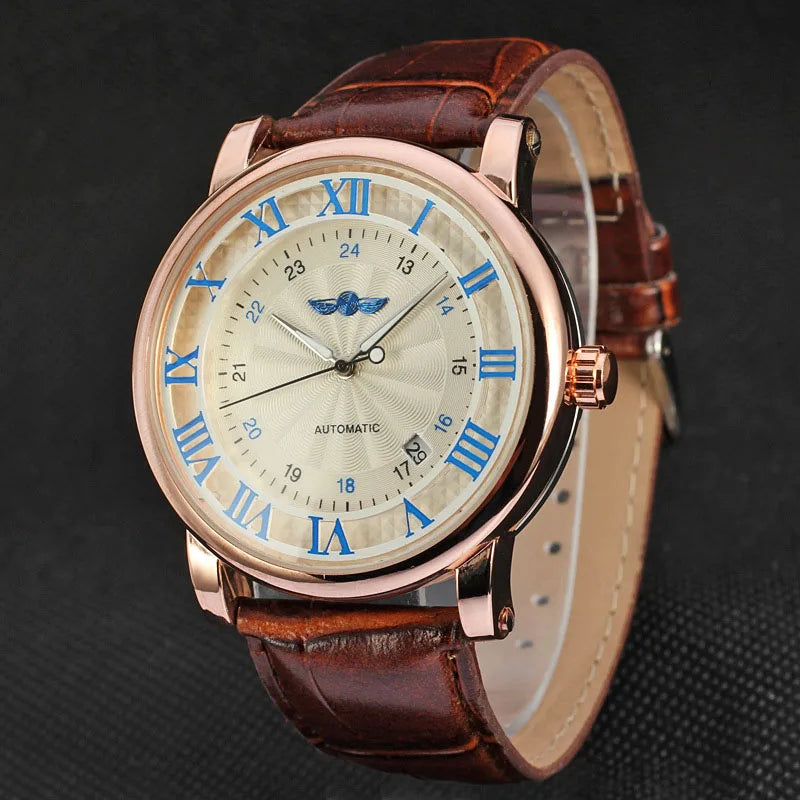 Relogio Relojes 2025 New Fashion Rose Gold Watches Day Date Automatic Self Wind Leather Strap Men'S Watches Mechanical Watches