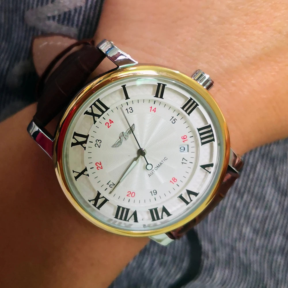 Relogio Relojes 2025 New Fashion Rose Gold Watches Day Date Automatic Self Wind Leather Strap Men'S Watches Mechanical Watches